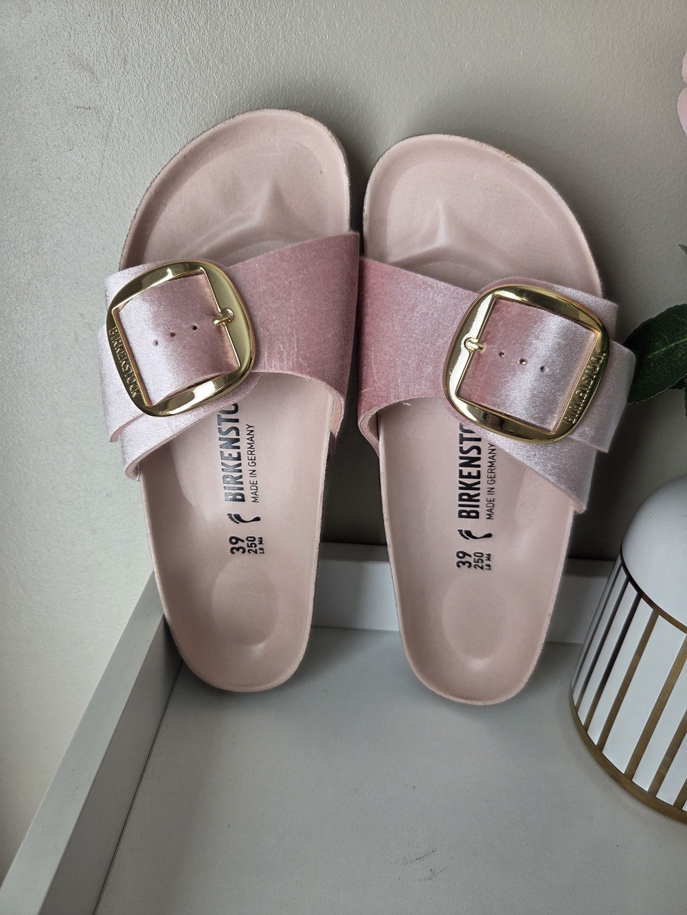 Birkenstock Pink Slide Sandals with Gold Buckles - Picture 11 of 16